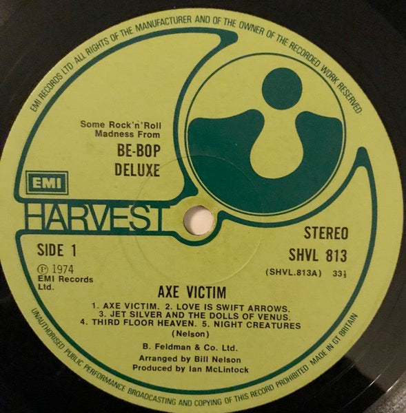 Image of Label Cover of LP - VG/VG+ - BE-BOP DELUXE, Axe Victim (Harvest Green, EMI On Rim, EMI Box; SHVL 813, UK 1974, Gatefold, EMI Press), ,  - 3726355E