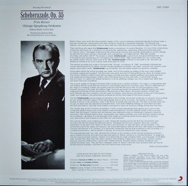 Image of Back Cover of LP - VG+/VG+ - FRITZ REINER, CHICAGO SYMPHONY ORCHESTRA, Rimsky-Korsakoff: Scheherazade (Analogue Productions; AAPC 2446, US 2013), ,  - 3726356E