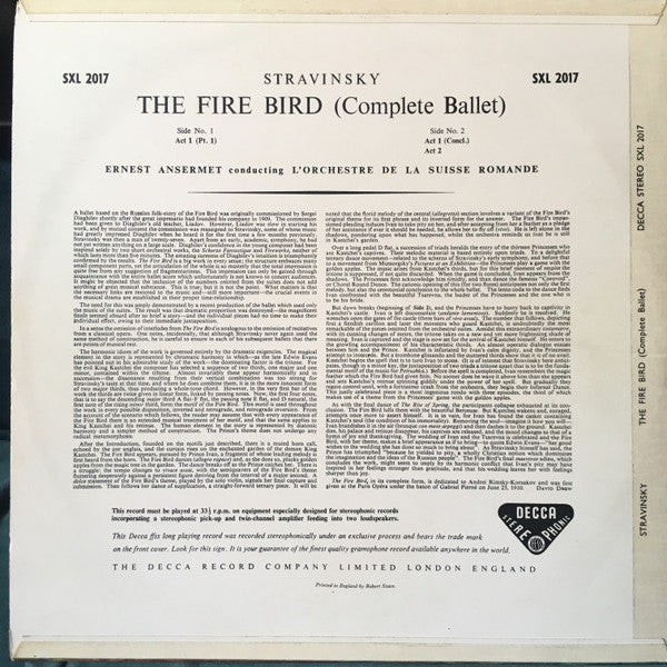 Image of Back Cover of LP - VG+/VG+ - ERNEST ANSERMET CONDUCTING L'ORCHESTRE DE LA SUISSE ROMANDE, Stravinsky: The Fire Bird (Decca; SXL 2017, Germany 1994 Reissue, Insert, 180 Gram Vinyl), ,  - 3726357E