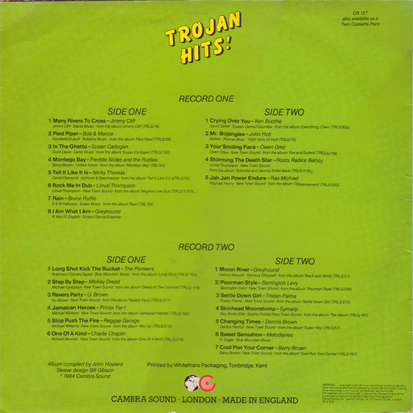 Image of Back Cover of 2xLP - VG/VG+ - VARIOUS, Trojan Hits! (A Collection Of Reggae Classics) (Cambra; CR 127, UK 1984), Wear to sleeve with tape along top & ringwear. Sticker on sleeve.,  - 3846044S