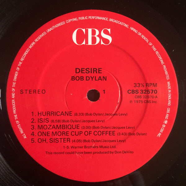 Image of Label Cover of LP - VG+/VG - BOB DYLAN, Desire (CBS Red Label; 32570, UK 1980s Reissue, Insert), ,  - 3826070E