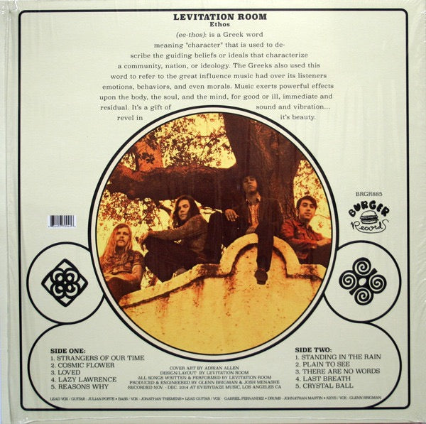 Image of Back Cover of LP - VG+/G+ - LEVITATION ROOM, Ethos (Burger Records; BRGR885, US 2016, Blue with yellow splatter vinyl), Vinyl has lots of light marks & a slight warp, does not effect play. Sleeve still in opened shrinkwrap with hype sticker.,  - 3816153C
