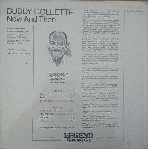 Image of Back Cover of LP - VG/VG - BUDDY COLLETTE, Now And Then (Legend Record Co.; LGS-1004, US 1973, Card Sleeve), Light marks. Plays well. Stickers on label (B side one covering title of first track.). Evidence of previous stickers on top right of sleeve. One large sticker & stamp still on sleeve). Stamp on back of sleeve.,  - 3846118S