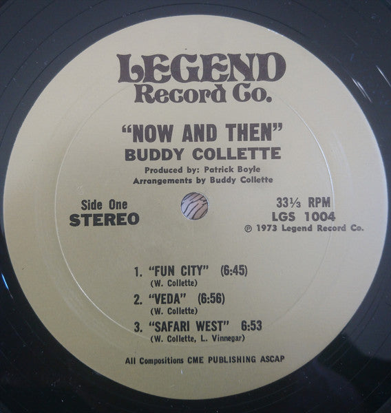 Image of Label Cover of LP - VG/VG - BUDDY COLLETTE, Now And Then (Legend Record Co.; LGS-1004, US 1973, Card Sleeve), Light marks. Plays well. Stickers on label (B side one covering title of first track.). Evidence of previous stickers on top right of sleeve. One large sticker & stamp still on sleeve). Stamp on back of sleeve.,  - 3846118S