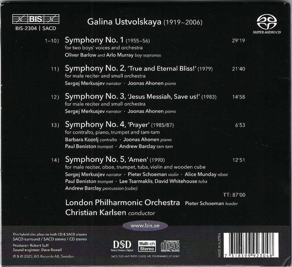 Image of Back Cover of CD - VG+/VG+ - CHRISTIAN KARLSEN, LONDON PHILHARMONIC ORCHESTRA, Galina Ustvolskaya: Symphonies Nos 1-5 (BIS; BIS-2304, USA & Europe 2025, Gatefold Card Sleeve, Booklet), ,  - 3836091E