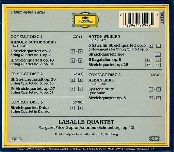 Image of Back Cover of 4xCD - VG+/VG+ - LASALLE QUARTET, Neue Wiener Schule / Second Viennese School - Schoenberg   Berg   Webern / Die Streichquartette   The String Quartets (Deutsche Grammophon; 419 994-2, Europe 1987, Box Set, Booklet), ,  - 3836092E