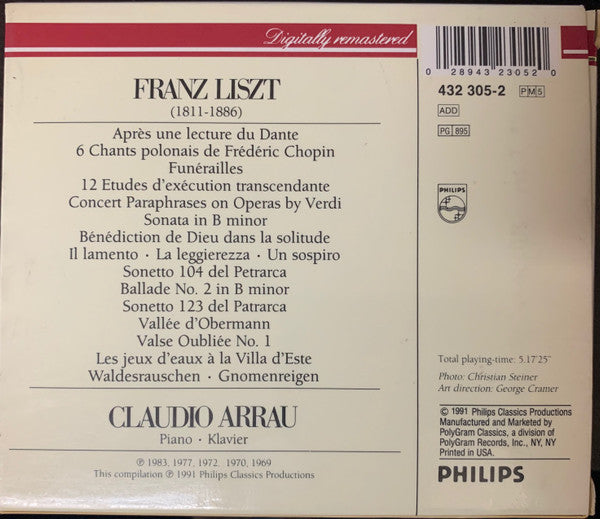 Image of Back Cover of 5xCD - VG+/VG+ - CLAUDIO ARRAU, Liszt (Philips Classics; 432 305-2, US 1991, Box Set, Booklet), ,  - 3836093E
