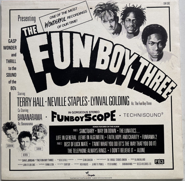 Image of Back Cover of LP - VG/VG - THE FUN BOY THREE, The Fun Boy Three (Chrysalis Blue & White Labels ; CHR 1383, UK 1982, Stickered Sleeve, Merch Insert, Poster, Tone Cut), A few light marks, Sleeve a little grubby,  - 3816099C