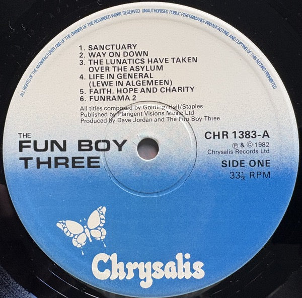 Image of Label Cover of LP - VG/VG - THE FUN BOY THREE, The Fun Boy Three (Chrysalis Blue & White Labels ; CHR 1383, UK 1982, Stickered Sleeve, Merch Insert, Poster, Tone Cut), A few light marks, Sleeve a little grubby,  - 3816099C