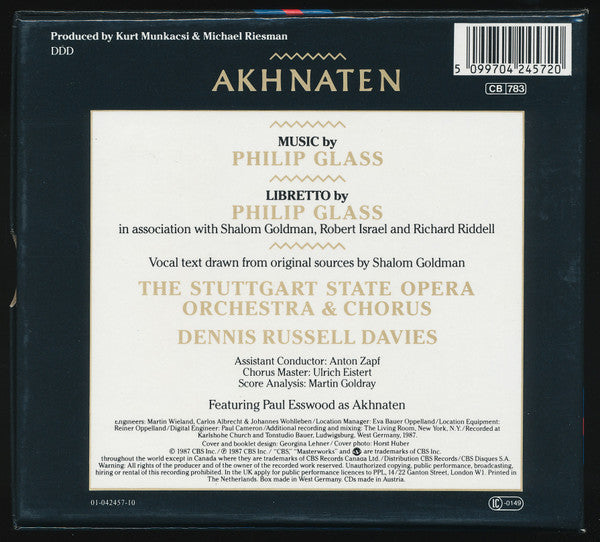 Image of Back Cover of 2xLP - VG+/VG+ - DENNIS RUSSELL DAVIES, THE STUTTGART STATE OPERA ORCHESTRA & CHORUS, Philip Glass: Akhnaten (CBS Masterworks; M2K 42457, Europe 1987, Box Set, Booklet), ,  - 3836097E