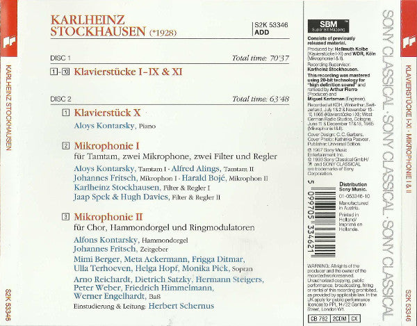 Image of Back Cover of 2xCD - VG+/VG+ - KARLHEINZ STOCKHAUSEN - ALOYS KONTARSKY, Stockhausen: Klavierst cke I-XI / Mikrophonie I & II (Sony Classical; S2K 53346, Europe 1993, Double CD Case, Booklet), ,  - 3836099E