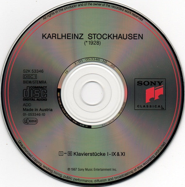 Image of Label Cover of 2xCD - VG+/VG+ - KARLHEINZ STOCKHAUSEN - ALOYS KONTARSKY, Stockhausen: Klavierst cke I-XI / Mikrophonie I & II (Sony Classical; S2K 53346, Europe 1993, Double CD Case, Booklet), ,  - 3836099E