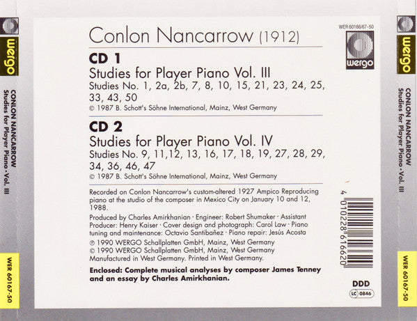 Image of Back Cover of 2xCD - VG+/VG+ - CONLON NANCARROW, Studies For Player Piano   Vol. I & II (WERGO; WER 6168-2, Germany , Double CD Case), ,  - 3836101E