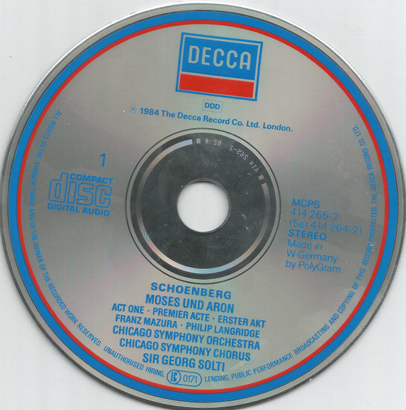 Image of Label Cover of 2xCD - VG+/VG+ - SIR GEORG  SOLTI, FRANZ MAZURA, PHILIP LANGRIDGE, CHICAGO SYMPHONY ORCHESTRA, CHICAGO SYMPHONY CHORUS, Schoenberg: Moses Und Aron (Decca; 414 264-2, Europe 1985, Box Set, Booklet), ,  - 3836103E