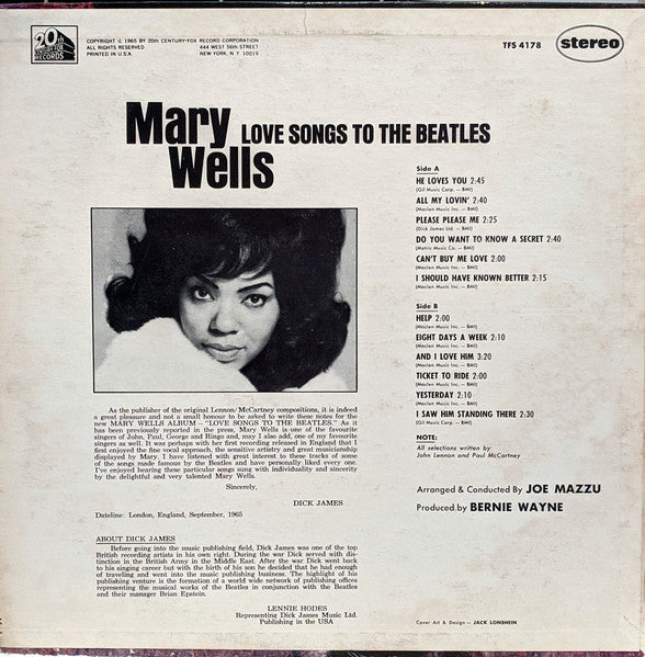 Image of Back Cover of LP - VG/VG - MARY WELLS, Love Songs To The Beatles (20th Century Fox Records; TFS 4178, US 1965), Ringwear on sleeve. Tears on back of sleeve along top.,  - 3846130S