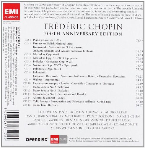 Image of Back Cover of 16xCD - VG+/VG+ - VARIOUS, Chopin: 200th Anniversary Edition (The Complete Works) (EMI Classics; 50999 9 67117 2 9, Europe 2010, Box Set, Booklet), ,  - 3836108E