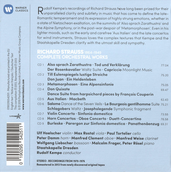 Image of Back Cover of 9xCD - VG+/VG+ - RUDOLF KEMPE, STAATSKAPELLE DRESDEN, Richard Strauss: Complete Orchestral Works (Warner Classics; 0190295542511, Europe 2019, Box Set, Booklet), ,  - 3836109E