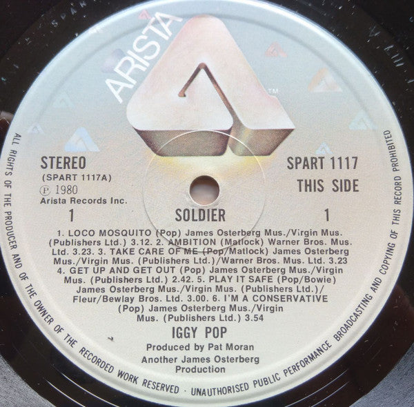 Image of Label Cover of LP - VG/VG+ - IGGY POP, Soldier (Arista; SPART 1117, UK 1980, MCR Jre Runout), Cut-out (Hole punched),  - 3816103C