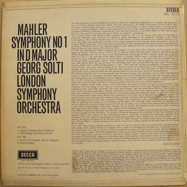 Image of Back Cover of LP - VG/VG - GEORGE SOLTI, LONDON SYMPHONY ORCHESTRA, Mahler: Symphony No 1 (Decca Black Unboxed Wideband - Made In England at 11 O'Clock - No Groove ED3; SXL 2276, UK 1961, Laminated Flipback Sleeve), Strong VG,  - 3826086E