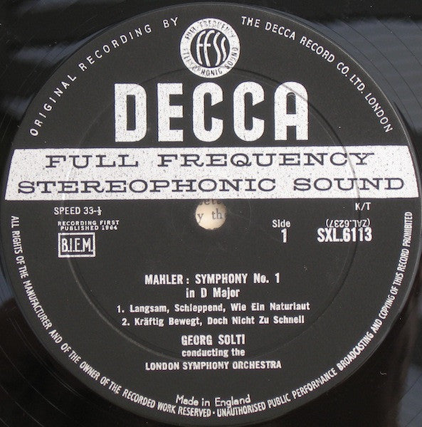 Image of Label Cover of LP - VG/VG - GEORGE SOLTI, LONDON SYMPHONY ORCHESTRA, Mahler: Symphony No 1 (Decca Black Unboxed Wideband - Made In England at 11 O'Clock - No Groove ED3; SXL 2276, UK 1961, Laminated Flipback Sleeve), Strong VG,  - 3826086E