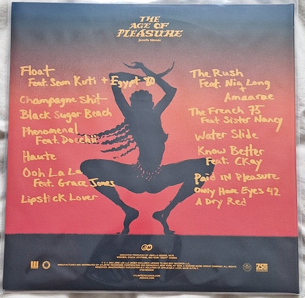 Image of Back Cover of LP - VG+/VG+ - JANELLE MONAE, The Age of Pleasure (Atlantic; 075678626876, Worldwide 2023, Gatefold, Inner & Insert, Blue [Sea Blue] Vinyl), Vinyl has a slight warp, does not effect play.,  - 3816255C