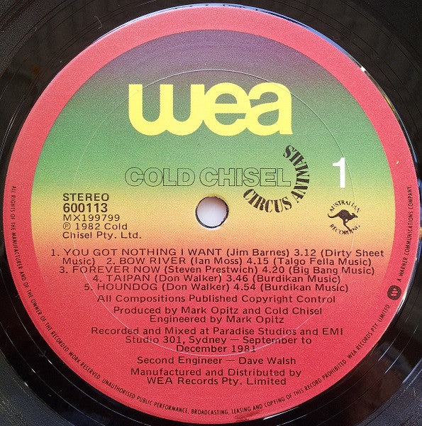 Image of Label Cover of LP - VG+/VG+ - COLD CHISEL, Circus Animals (WEA; 600113, Australia 1982, Inner), ,  - 3826098E