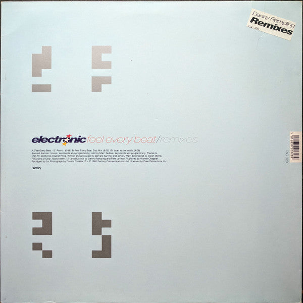 Image of Front Cover of 12" - VG/VG - ELECTRONIC, Feel Every Beat (Factory; FAC 328, UK 1991, Hype Stickered Sleeve, Danny Rampling Remixes), Sleeve is a bit grubby, edge and ring wear. Hype sticker is on "rear" of sleeve,  - 3816290C
