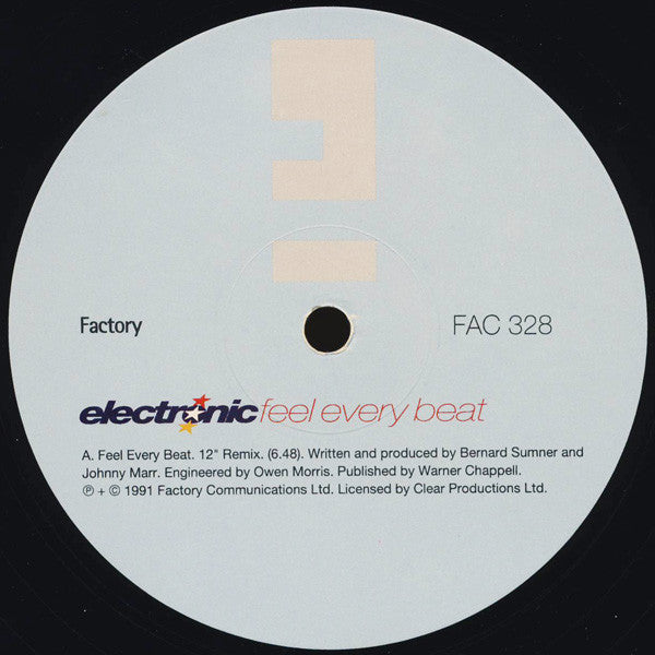 Image of Label Cover of 12" - VG/VG - ELECTRONIC, Feel Every Beat (Factory; FAC 328, UK 1991, Hype Stickered Sleeve, Danny Rampling Remixes), Sleeve is a bit grubby, edge and ring wear. Hype sticker is on "rear" of sleeve,  - 3816290C
