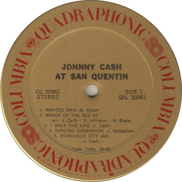 Image of Label Cover of LP - VG/VG+ - JOHNNY CASH, Johnny Cash At San Quentin (CBS; CQ 30961, US 1972, Quadraphonic, Red Rim Text), Totally Split Bottom Seam,  - 3826184E