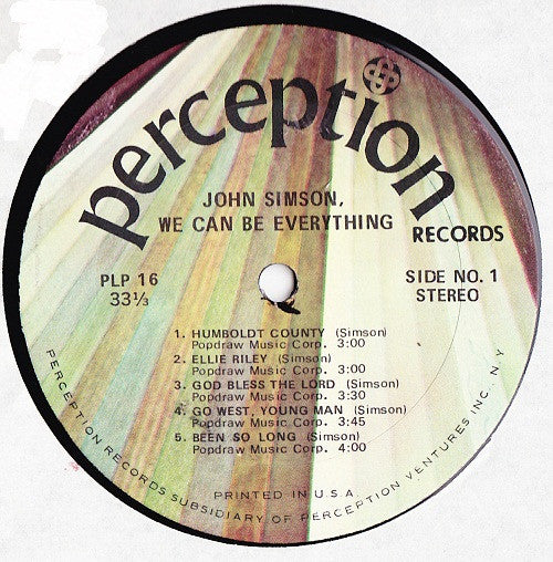 Image of Label Cover of LP - VG/VG+ - JOHN SIMSON, We Can Be Everything (Perception Records; PLP 16, US 1971, Insert), Edge and Ring Wear,  - 3826183E