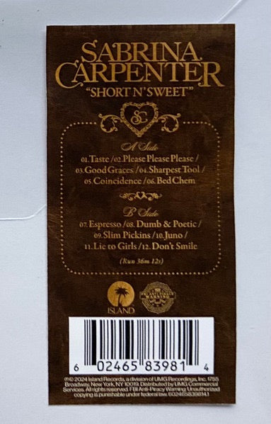 Image of Label Cover of LP - VG+/VG+ - SABRINA CARPENTER, Short N' Sweet (Island Records; 602465839814.1, USA & Europe 2024, Stickered Plastic Sleeve, Picture Disc), ,  - 3816257C