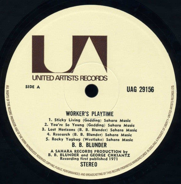 Image of Label Cover of LP - VG/EX - B.B. BLUNDER, Workers' Playtime (United Artists Records; UAG 29156, UK 1971, Gatefold), Vinyl Perfect, Sticker Damage To Sleeve, Spine Stained,  - 3826179E