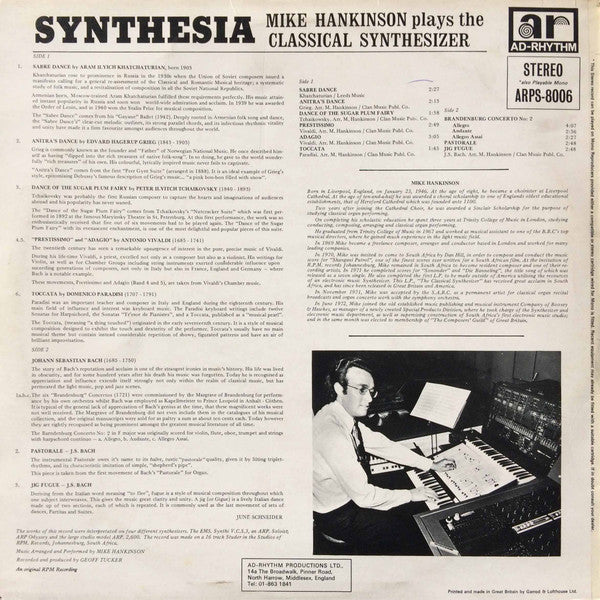 Image of Back Cover of LP - VG/VG+ - MIKE HANKINSON, Synthesia (Ad-Rhythm ; ARPS-8006, UK 1973, Laminated Front Sleeve), Slight Manufacturing Flaw to Front Sleeve,  - 3826178E