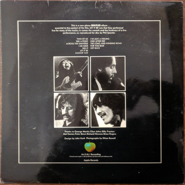 Image of Back Cover of LP - VG/G+ - THE BEATLES, Let It Be (Apple Records; PCS 7096, UK 1974 Reissue, Laminated Sleeve, French Export Pressing, "M6" Matrix), Wear and some delamination on sleeve. Writing on cover and label. Plays with some surface noise.,  - 3846100S