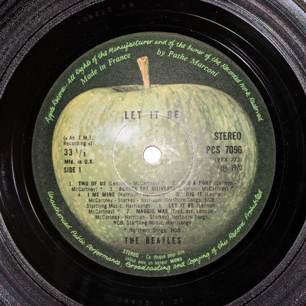 Image of Label Cover of LP - VG/G+ - THE BEATLES, Let It Be (Apple Records; PCS 7096, UK 1974 Reissue, Laminated Sleeve, French Export Pressing, "M6" Matrix), Wear and some delamination on sleeve. Writing on cover and label. Plays with some surface noise.,  - 3846100S