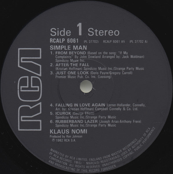 Image of Label Cover of LP - VG/VG - KLAUS NOMI, Simple Man (RCA; RCALP 6061, UK 1982), Strong VG, Edge Wear,  - 3826177E