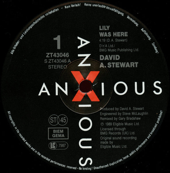 Image of Label Cover of 12" - VG/VG - DAVID A. STEWART FEATURING CANDY DULFER, Lily Was Here (Anxious Records; ZT 43046, Europe 1989), ,  - 3816292C
