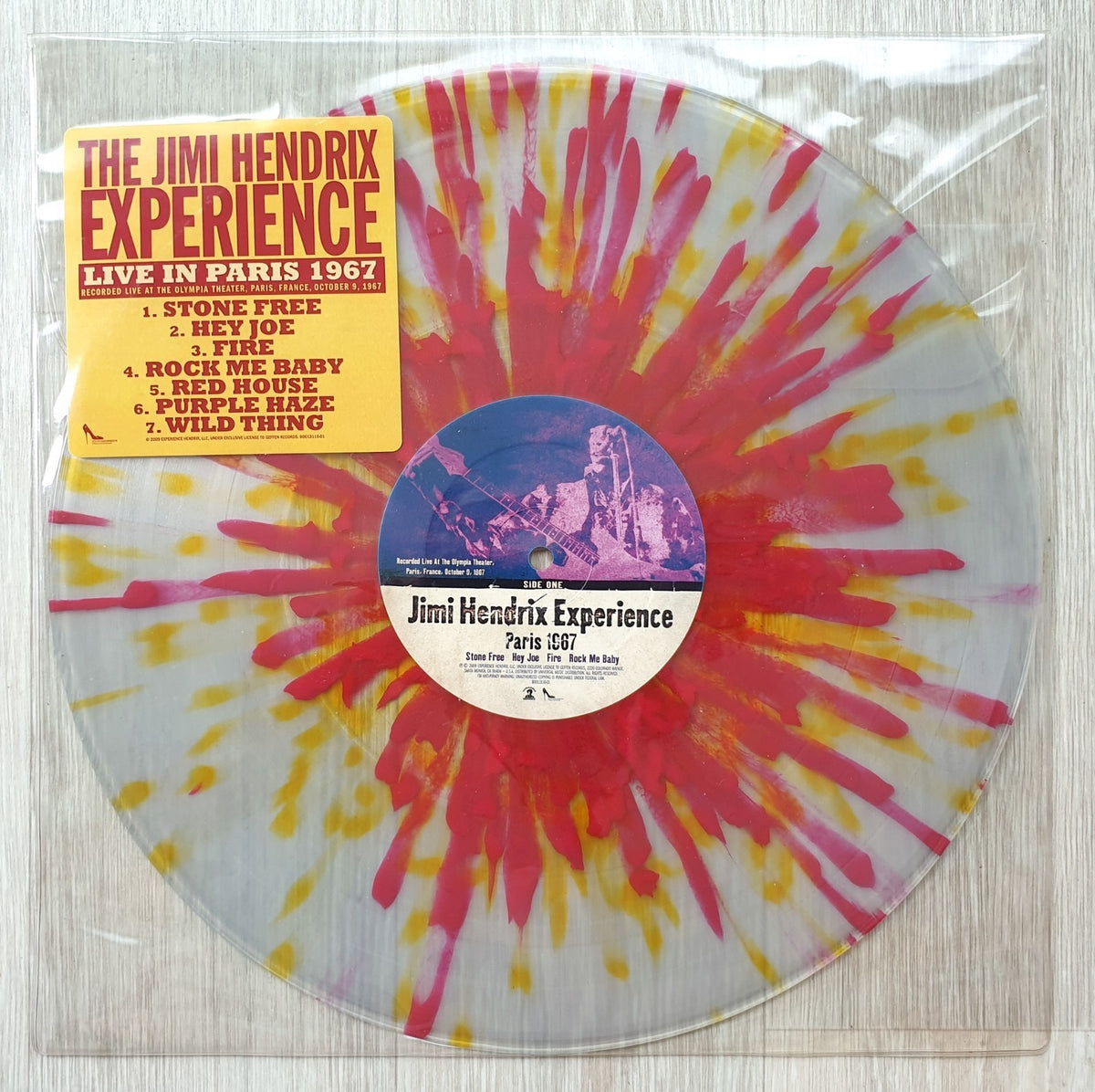 Image of Front Cover of LP - VG+/VG+ - JIMI HENDRIX EXPERIENCE, Live In Paris 1967 (Dagger Records; B0013116-01, US 2009, Stickered Plastic Sleeve, Clear With Red & Yellow Splatter Vinyl), ,  - 3816260C