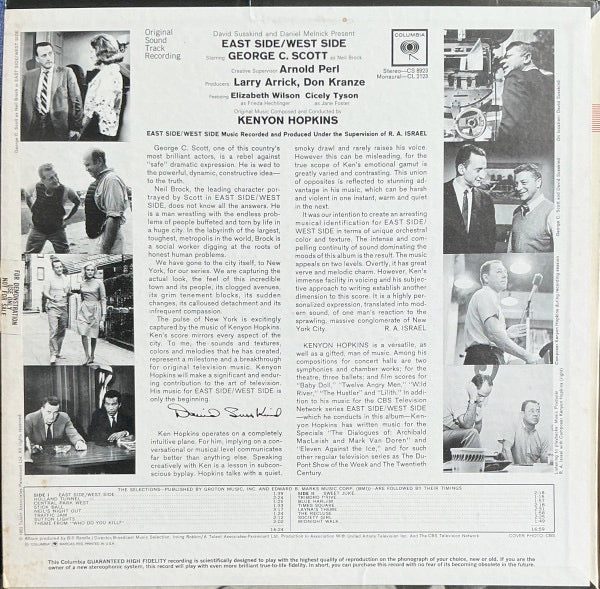 Image of Back Cover of LP - VG/VG - KENYON HOPKINS, East Side / West Side (Columbia; CL 2123, US 1963, Pasteback Sleeve), Strong VG throughout!,  - 3816248C