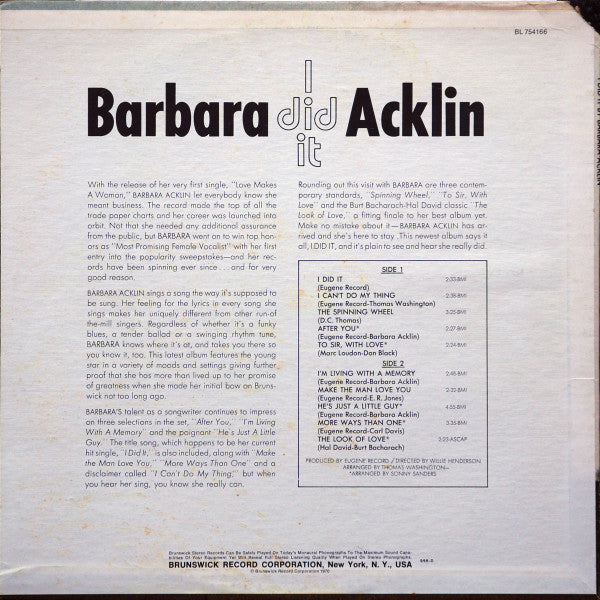 Image of Back Cover of LP - G+/G+ - BARBARA ACKLIN, I Did It (Brunswick; BL 754166, US 1970, Company Inner), Light marks only, plays VG. Sleeve missing top left corner, still in opened shrinkwrap.,  - 3846162S