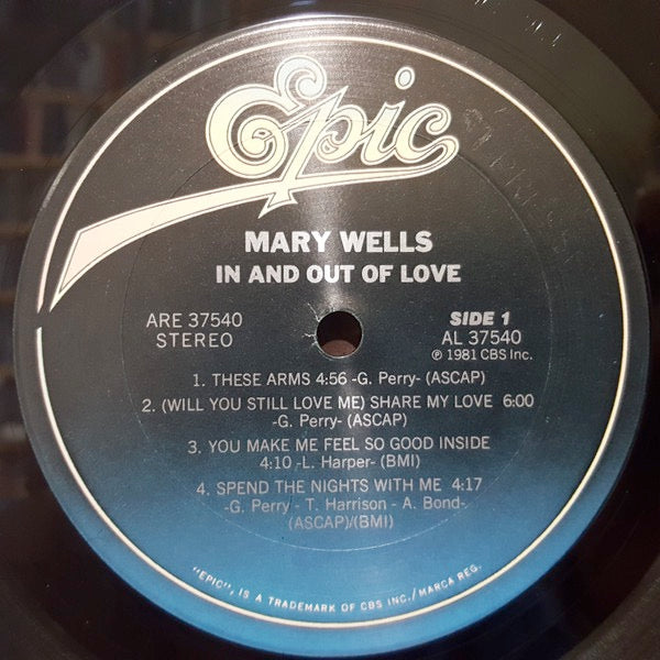 Image of Label Cover of LP - VG+/VG+ - MARY WELLS, In And Out Of Love (Epic; ARE 37540, US 1981), Sleeve still in shrink but has some light wear to sleeve opening.,  - 3816315C