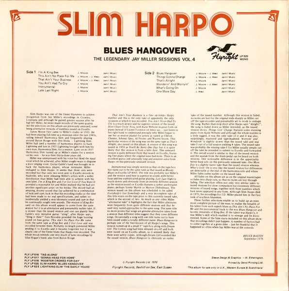 Image of Back Cover of LP - VG+/VG - SLIM HARPO, Blues Hangover (Flyright Records; FLY LP 520, UK & Europe 1976), ,  - 3816322C