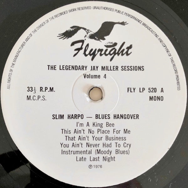 Image of Label Cover of LP - VG+/VG - SLIM HARPO, Blues Hangover (Flyright Records; FLY LP 520, UK & Europe 1976), ,  - 3816322C
