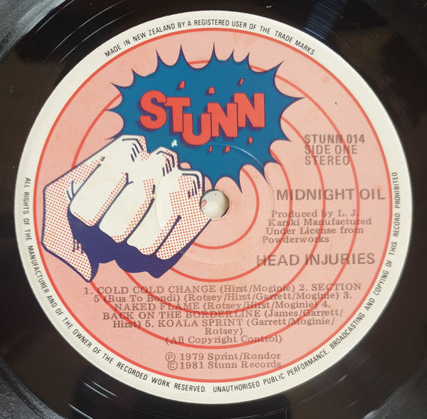 Image of Label Cover of LP - VG/VG+ - MIDNIGHT OIL, Head Injuries (Stunn; STUNN 014, New Zealand 1981 Reissue, Inner), Strong VG+, Corner Bumps,  - 3826158E