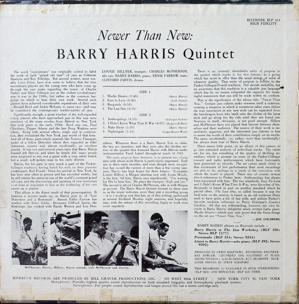 Image of Back Cover of LP - VG/VG+ - BARRY HARRIS QUINTET, Newer Than New (Riverside Records; RLP 413, US 1961), ,  - 3846175S