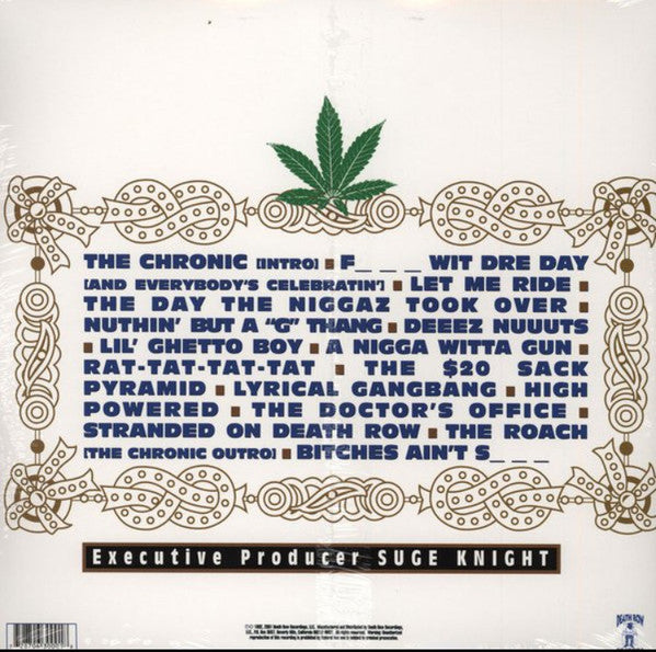 Image of Back Cover of 2xLP - VG+/VG+ - DR. DRE, The Chronic (Death Row Records; DRR 63000-1, US Reissue, Insert), Minor corner ding, and a couple of very light hairlines to discs but still VG+,  - 3926259E