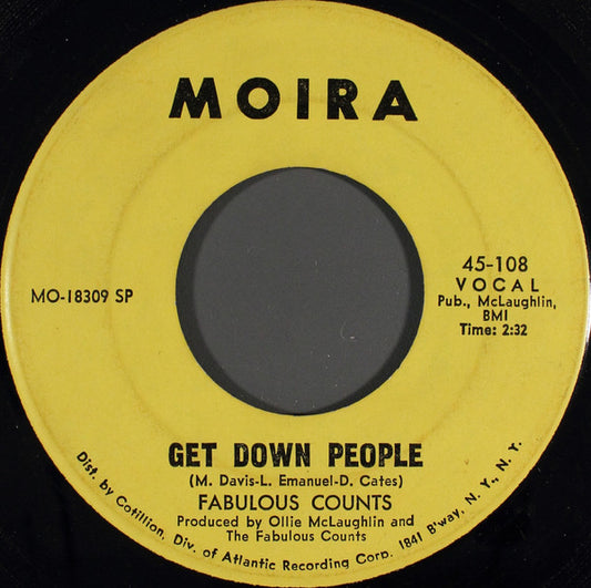 Image of Front Cover of 7" - /G+ - FABULOUS COUNTS, Get Down People / Lunar Funk (Moira Records; 45-108, US 1970), Writing on labels,  - 3816328C