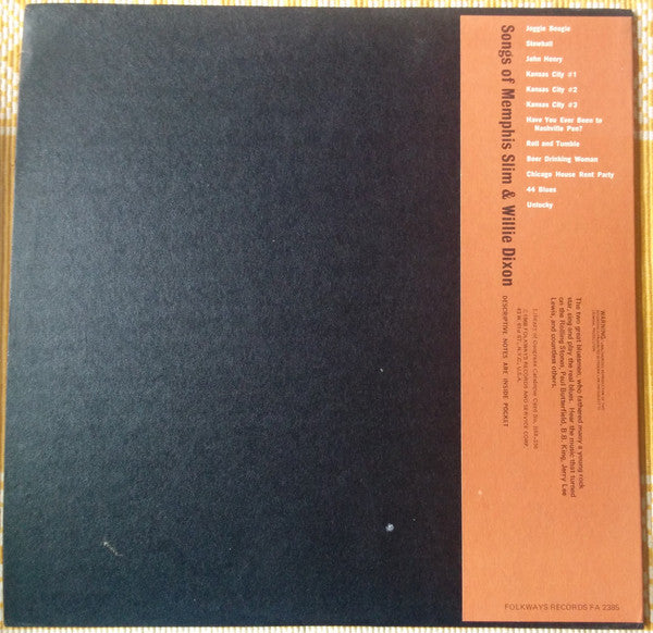 Image of Back Cover of LP - VG+/VG+ - MEMPHIS SLIM, WILLIE DIXON, Songs Of Memphis Slim & Willie Dixon (Folkways Records ; FA 2385, US 1968 Reissue, Folkways style sleeve, Booklet), Strong VG+, Slight Spine Wear,  - 3826214E