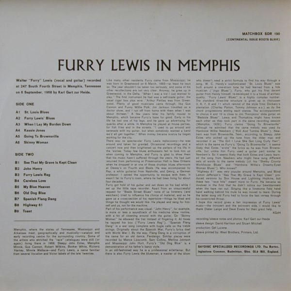 Image of Back Cover of LP - VG/VG - FURRY LEWIS, Furry Lewis In Memphis (Saydisc Matchbox ; SDR 190, UK 1970), ,  - 3826211E