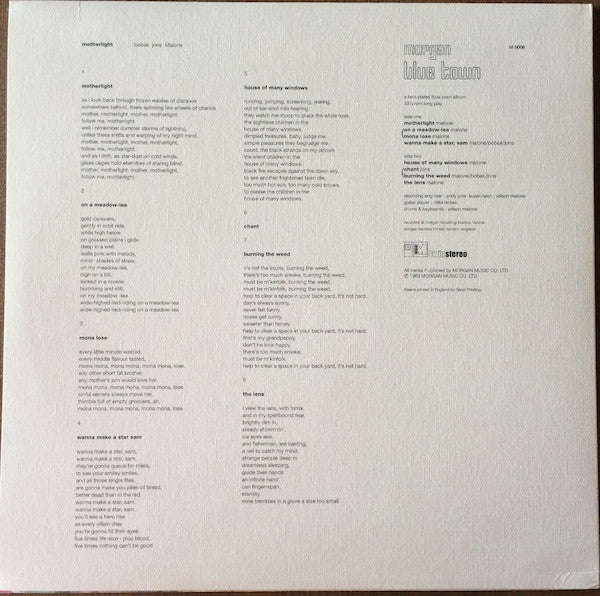 Image of Back Cover of LP - EX/VG+ - BOBAK, JONS, MALONE, Motherlight (Morgan Blue Town ; BT 5008, UK 2014 Reissue, Textured Sleeve, Numbered Certificate), Limited Edition No 361/500,  - 3826210E